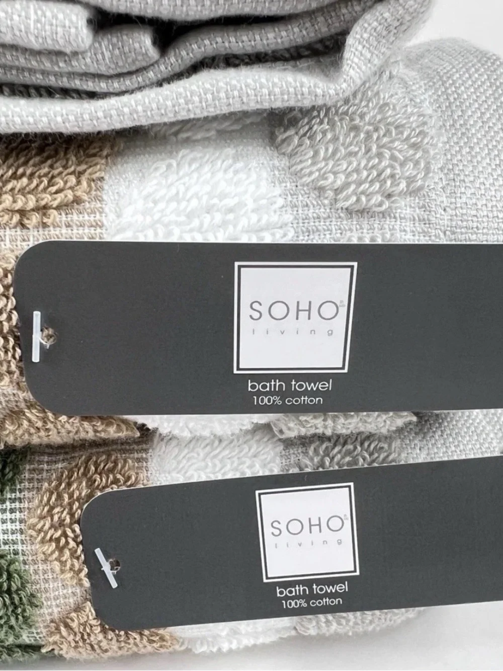 Soho Olive Green, Gray & Tan Striped Bath Towels - Set of 2